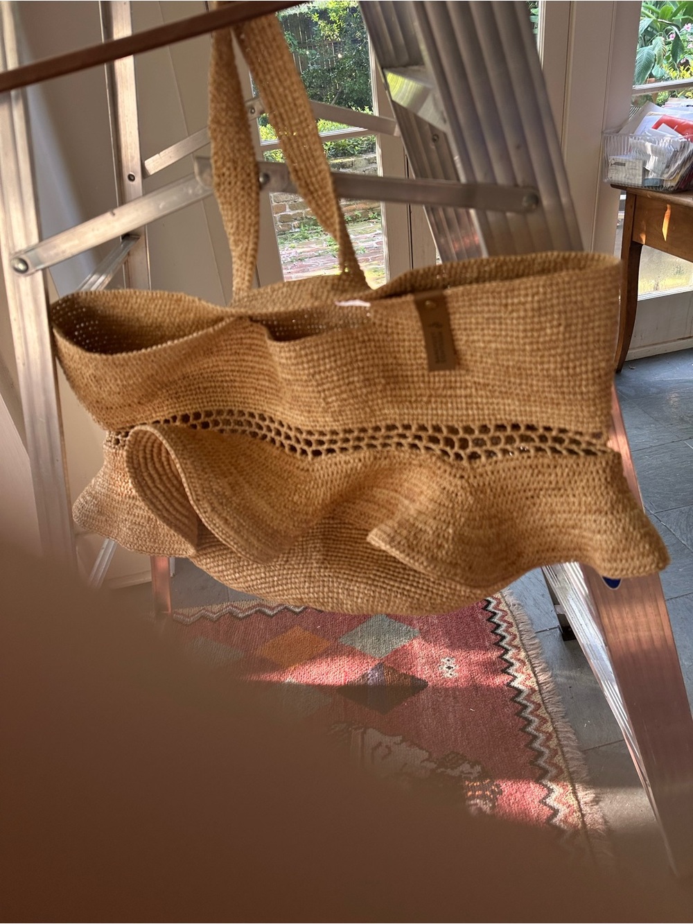 Ruffled Straw Tote Bag in Natural Beige